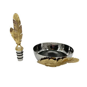 MICHAEL ARAM Gold Feather Coaster & Wine Stopper Set